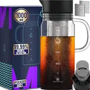 100% Airtight Cold Brew Glass Coffee Maker Iced Tea Maker Juice Water Carafe Server with Removable Permanent Double Mesh Stainless Steel Filter (1.0L)