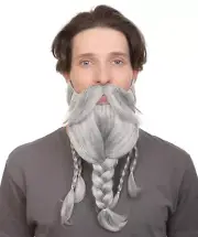 HPO Adult Men's Ash Grey Braided Vikings Beard and Giant Mustache, M-1365