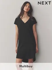 Black 100% Cotton Cap Sleeve V-Neck Mini Dress (AC8848) | $19