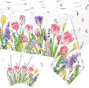 4 Pack Spring Summer Lavender Tulip Plastic Tablecloth, Blooming Floral Disposable Table Cloth, Watercolor Seasonal Holiday Table Cover for Easter Picnic Spring Summer Party Decorations, 137x 274cm