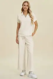 Excellence one Double Take Full Size Collared Neck ShortSleeve Top and Pants Set