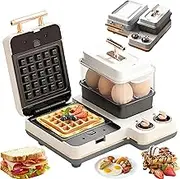 4-in-1 Breakfast Maker Station with 1.2L Steamer & 4 Interchangeable Non-Stick Plates, Timer, Double Knob Control, Multifunctional Waffle Makers for Kitchen