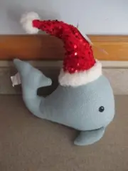 NWT Jingles & Joy Stuffed Plush Christmas 14" Blue Whale & Red Santa Sequin Hat
