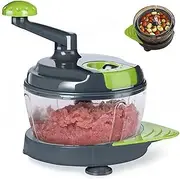 [GUDAJIN] Multifunctional Manual Food Processor, Kitchen Meat Grinder Vegetable Chopper, Manual Crank Chopper with Transparent Container for Vegetables, Fruits, Meat, Salad Foods (With Base) (Grey)
