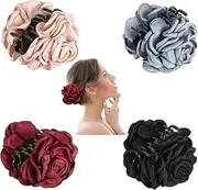 4 Pack Large Black Burgundy Red Butterfly Octopus Ribbon Silk Chiffon Rose Flower Plastic Hair Claw Clips, Rose Flower Large Bows Plastic Hair Claw Clips for Women Girls