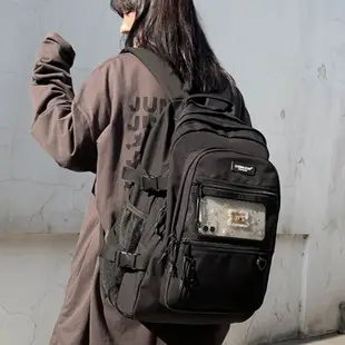 DF Queenin日韓 日系原宿風有網袋防潑水後背包 雙肩包 簡約 個性 防潑水 大容量 電腦包 上班 上課 出差