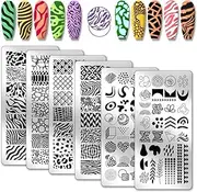 PH PandaHall 6pcs Nail Stamp Plate Set Leopard Print Nail Art Stamping Plate Tree Texture Nail Art Stencils Stainless Steel Line Pattern Nail Image Plate for Women DIY Printing 12x6cm