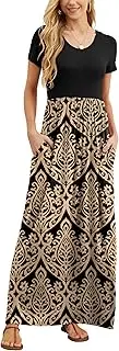 [GRECERELLE] Women's Short Sleeve Loose Plain Maxi Dresses Casual Long Dresses with Pockets
