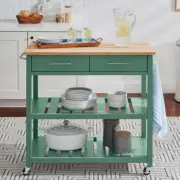Green Rolling Kitchen Cart, Butcher Block Top Double-Drawer Storage Open Shelves