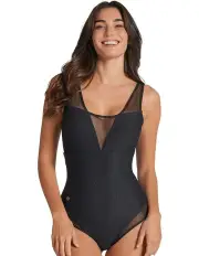 [Leonisa] Glittery Tummy Shaping One-Piece Swimsuit with Mesh in Black