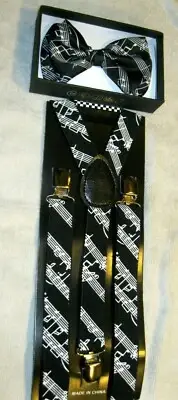 Black White MUSICAL NOTES PIANO KEYS Suspenders and matching Bowtie Bow Tie-New!