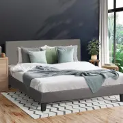 Bed Frame Double Size Wooden Slats Grey Fabric Oikiture