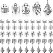 PH PandaHall 50pcs Tibetan Style Cord Ends 5 Styles 9~15mm Inner Diameter Large Size Glue-in Cord Terminators Barrel End Tip Silver Cord Caps with Loop Ring for Jewelry Tassel Keychain Bag Pendant