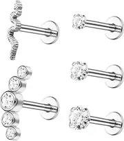 [Kakonia] 16G G23 Titanium Forward Labret Helix Earrings for Women Cartilage Stud Earring Internally Threaded Labret Studs Cz Snake Tragus Medusa Conch Monroe Piercings Jewellery Hypoallergenic