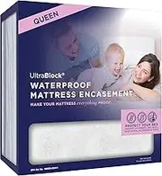 UltraBlock Zippered Mattress Protector (Queen) - Waterproof Cover Stops Dust Mite, Bed Bug, Spills, Bedwetting - Hypoallergenic Encasement with Zipper - White