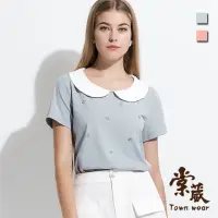 在飛比找momo購物網優惠-【TOWN’WEAR 棠葳】高雅鑽飾娃娃領棉質上衣 2色(女