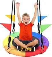 Odoland 24 inch Chidren Tree Swing Net Swing Outdoor Kid Platform Swing with Detachable 600LB Weight Load Oxford Fabric and Adjustable Hanging Ropes for Tree, Backyard and Indoor Color