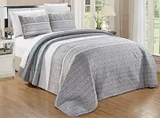 GrandLinen - 3-Piece Fine Printed Oversized King Size (115 X 95) Light Weight Quilt Set Reversible Bedspread All-Season Coverlet Bed Cover (Grey, Teal Blue, White, Stripe)
