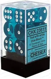 Chessex 27034 D6 Dice Translucent 16mm Teal/White (12 Dice in Display) Dice, Blue