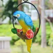 Hanging Parrot Statue Sculpture on Round Ring Decor for Patio Garden Lawn