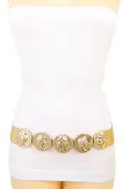 Women Gold Elastic Waisted Sexy Belt Metal Greek Coin Medallion Charms Size S M