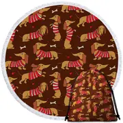 Cute Dachshund Wearing Red and White Stripes Round Beach Towel