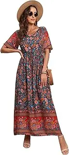 GRECERELLE Womens Summer Maxi Boho Beach Dress Floral Print Dress V Neck Short Sleeve Drawstring High Waist Flowy Long Midi Dresses