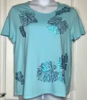 Chico's Sequined Embellished Leaf Scoop Short Sleeve Top Clear Aqua Sz 2 NWT