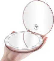 Benbilry Lighted Travel Makeup Mirror, 1x/7x Magnification, LED Handheld Compact Makeup Mirror, Illuminated, Portable Folding Mirror - Perfect for Pocket & Handbag (Rose Gold)