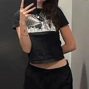 Short-Sleeve Crew Neck Print Crop Tee Black - M