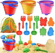 Sand Beach Toys for Kids, 3PCS Collapsible Sand Bucket, Shovel Set, Animal Molds with Big Mesh Bag, Travel Toys forToddlers Boys Girls Outdoor Beach Play Camping Bath Pool Water Play-14PCS