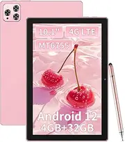10.1 Inch Android 12 Tablet, 4G LTE Dual SIM, 4GB RAM 32GB ROM, Octa Core MT6755, 13MP Rear Camera + 5MP Front Camera, 6000mAh Battery, 5 Point Touch, GMS Certified, Pink