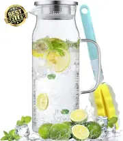 2L Glass Water Jug w/ Lid&Handle Borosilicate Pitcher for Iced Tea Juice Hot/Col