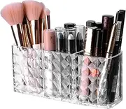 Makeup Brush Holder, 3 Compartment Acrylic Makeup Brush Organizer, Transparent Plastic Lip Gloss Organizer, Compact Pencil Holder for Desk Vanity