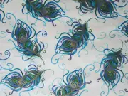 PEACOCK FEATHERS BLUE GREEN WHITE METALLIC GOLD COTTON FABRIC FQ