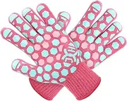 J H Heat Resistant Oven Mitts: EN407 Certified 932 °F, 2 Layers Silicone Coating, BBQ & Oven Gloves for Cooking, Kitchen, Fireplace, Grilling (Women Fits All, Coral Shell with Turquoise/Pink Coating)