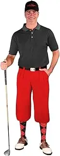 [Golf Knickers] Mens Outfit - Red Microfiber, Limited Edition Ball Cap, Over-The-Calf Argyle Socks, Black Golf Shirt