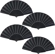 4 Pieces Black Folding Hand Fans Fabric Fans Chinese Japanese Style Summer Handheld Fan for Party, Wedding, Gifts, Wall Decoration,Photographic Props