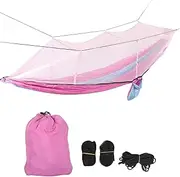 Camping Hammock with Mosquito Net Lightweight Tree Straps Hammock Portable for Outdoor Hiking Traveling (Light Blue and Pink mesh)