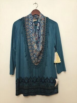 NWT One World Women's Fringe Scarf Scoop Neck Blouse Top Size M