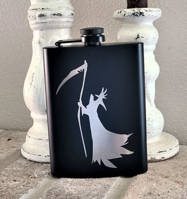 Liquor Hip Pocket Flask Bundle Engraved Grim Reaper Scythe Whiskey Drinking Gift