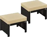 Yaheetech Wicker Ottomans, Set of 2 Footrest with Removable Cushion, 2pcs PE Rattan Side Table Additional Seating Multipurpose Outdoor Furniture for Patio, Backyard - Brown/Khaki