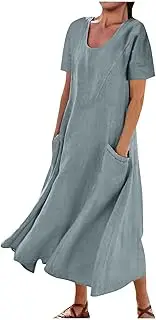 [Sinzelimin] Dress for Women Summer Short Sleeve Solid Color Cotton Linen Casual Plus Size Baggy Flowy Maxi Dresses with Pocket