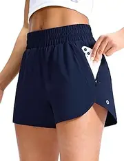 [MIER] Gym Running Shorts for Women Mid-Waisted Quick Dry Athletic Workout Sport Shorts with Mesh Liner, Zipper Pockets, 3 Inch