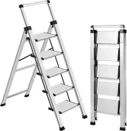 5 Step Ladder, Retractable Handgrip Folding Step Stool with Anti-Slip Wide Pedal