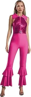 [TiaoBug] Womens Shiny Sequins 70s Hippie Disco Jumpsuit Tiered Bell-Bottom Long Pants Dance Costume Dancewear