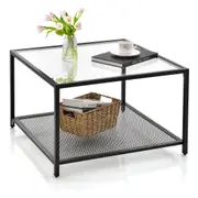 Giantex 2-Tier Glass Coffee Table Square Coffee Storage Table w/Mesh Shelf Center Cocktail Table Home Office Transparent