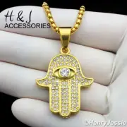 18"-36"Stainless Steel 3mm Gold Plated Box Link Chain CZ 3D Hamsa Pendant*AGP140