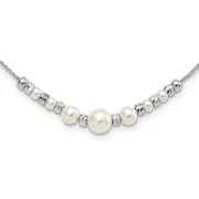 Sterling Silver Rh-Pltd Diamond-Cut Bead Glass Pearl W/2In Ext Necklace