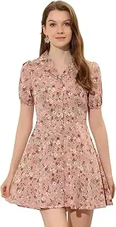 [Allegra K] Women's Button Up Short Sleeve A-Line Chiffon Vintage Floral Shirt Dress